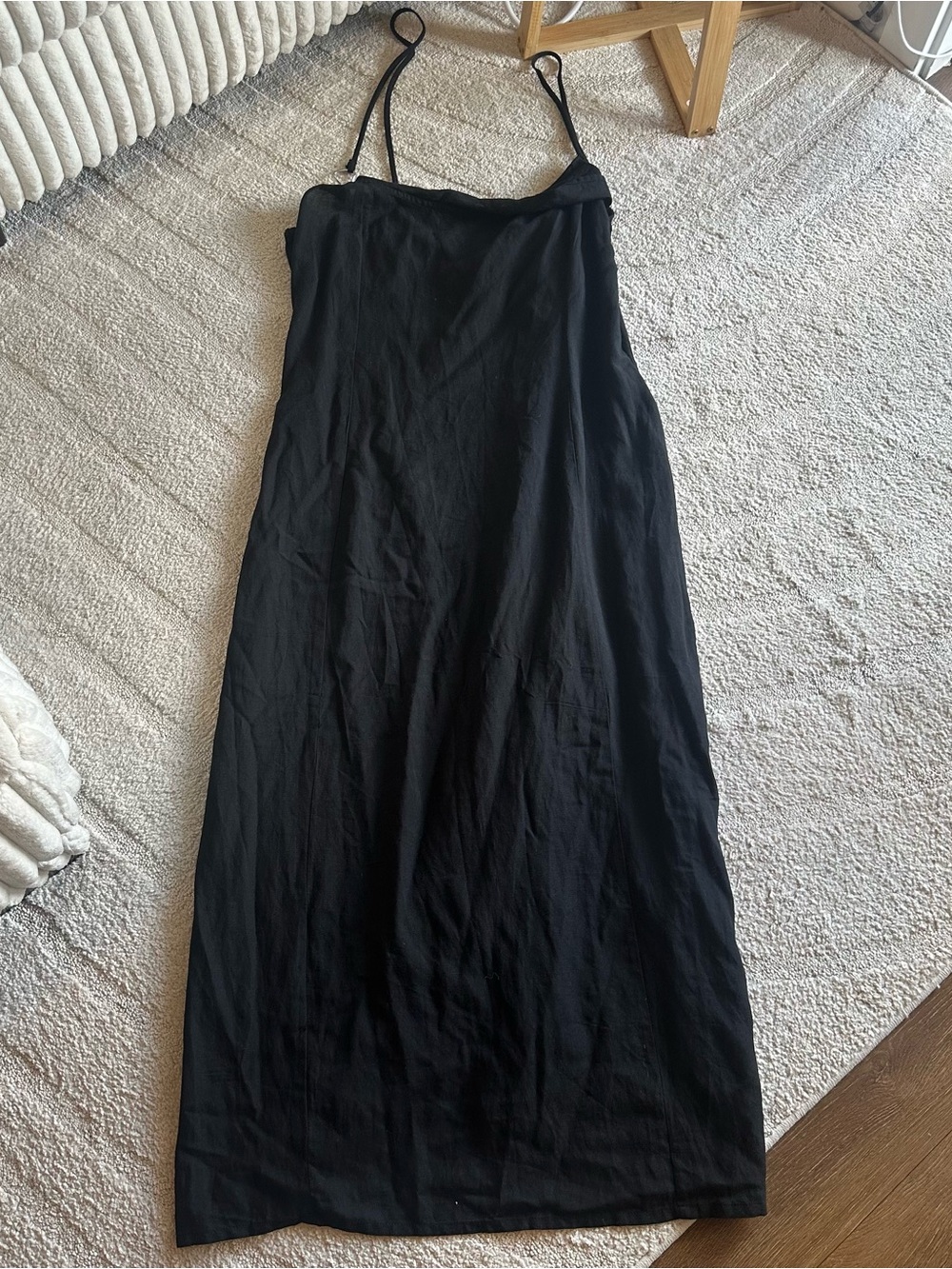PrettyLittleThing Black Linen Assymetrical Strap Midi Dress